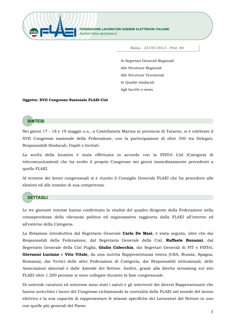 Anteprima 13C084 XVII Congresso Nazionale FLAEI-Cisl 2013