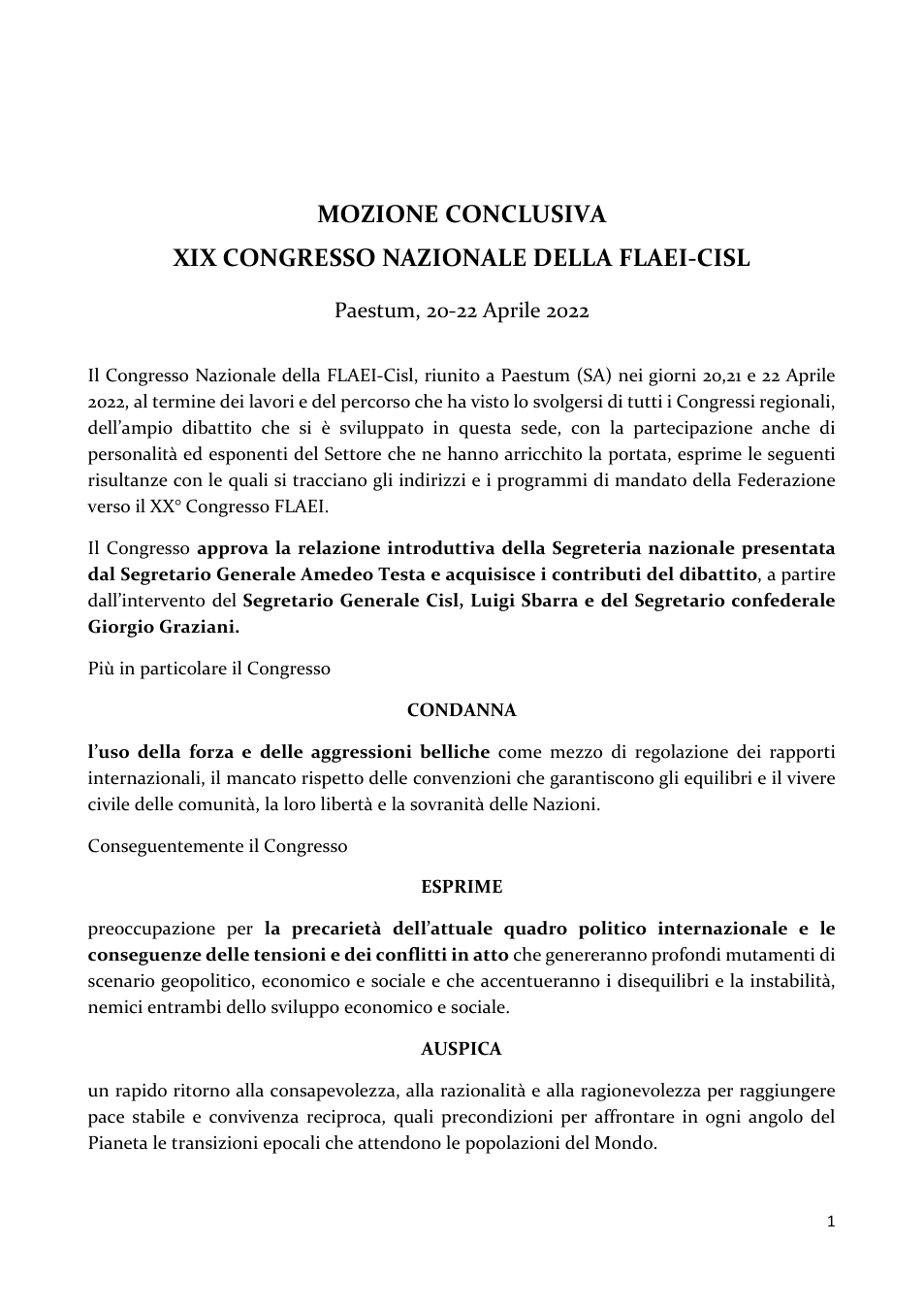 Anteprima Mozione Conclusiva XIX Congresso Nazionale FLAEI