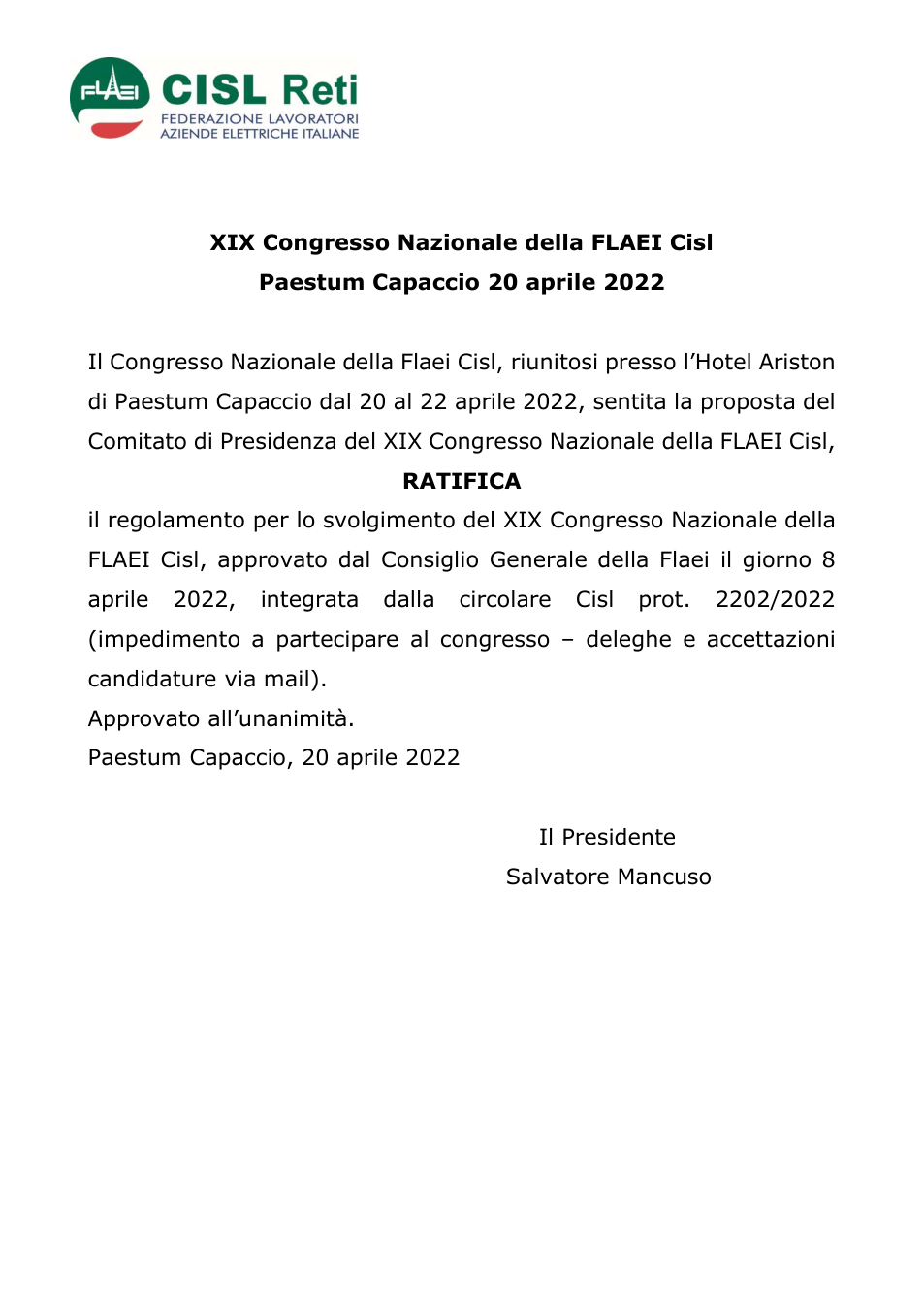 Anteprima Delibera del XIX Congresso Nazionale della FLAEI Cisl