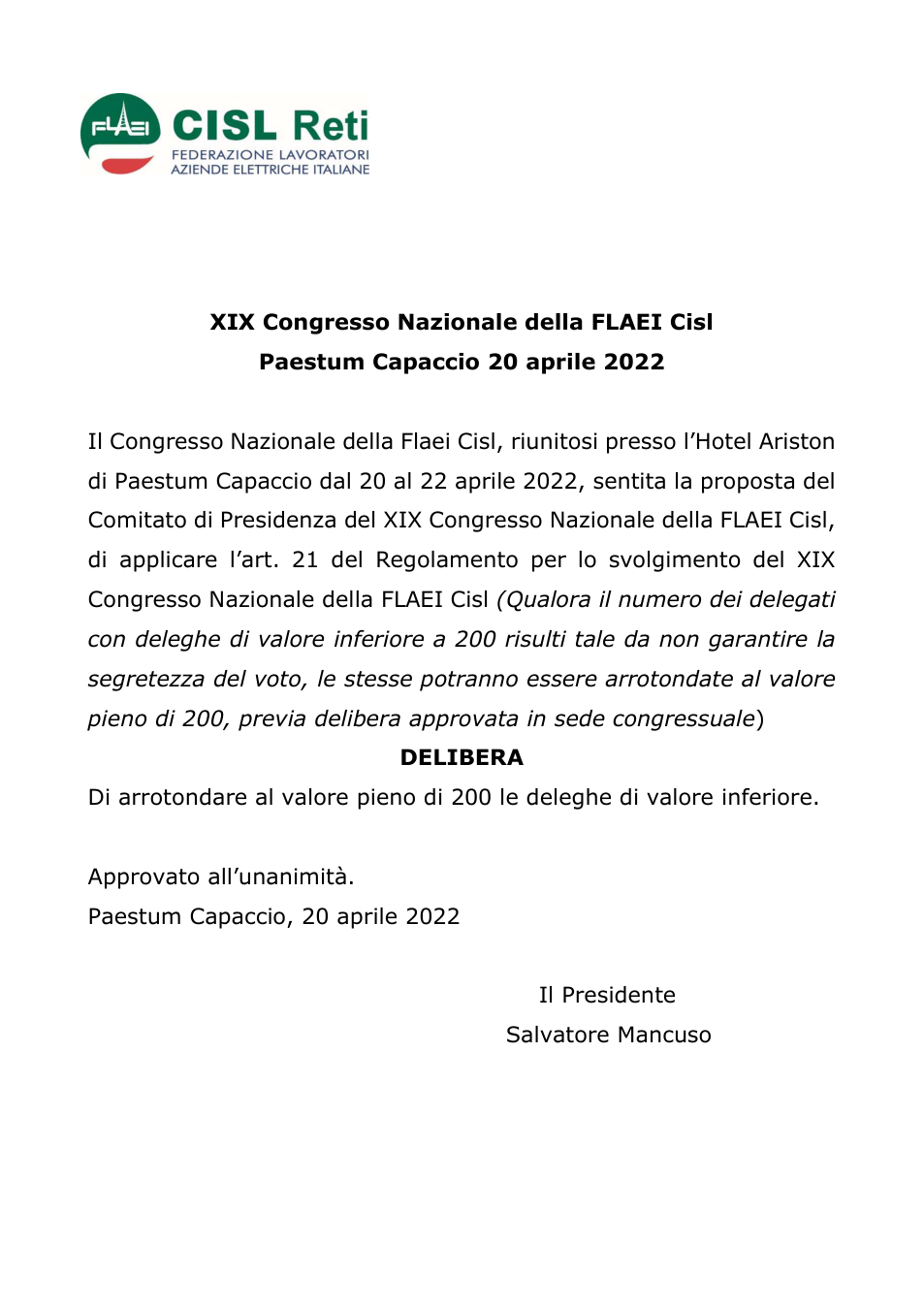 Anteprima Delibera quote XIX Congresso Nazionale della FLAEI Cisl