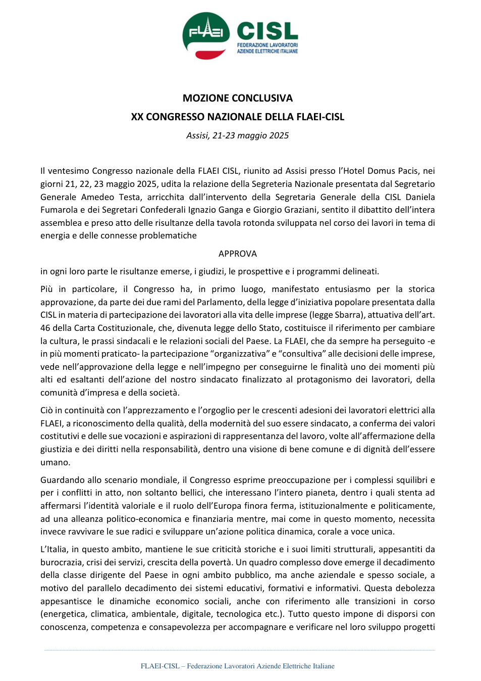 Anteprima Mozione conclusiva XX Congresso Nazionale FLAEI Cisl 2025