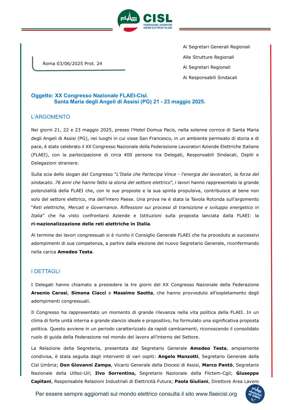 Anteprima XX Congresso FLAEI Cisl - Sintesi dei lavori