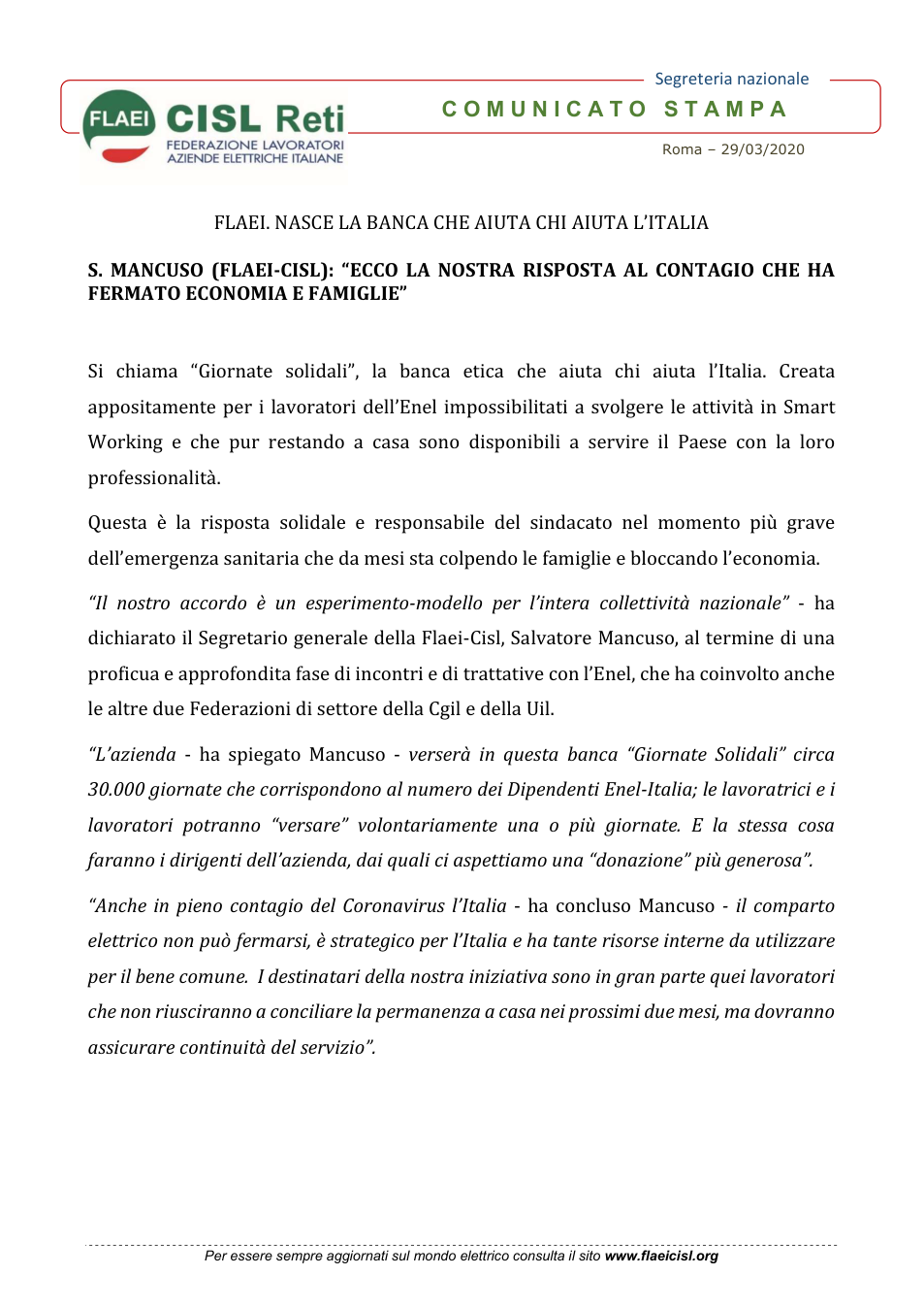 Anteprima 10702 Comunicato Stampa FLAEI 29 03 20