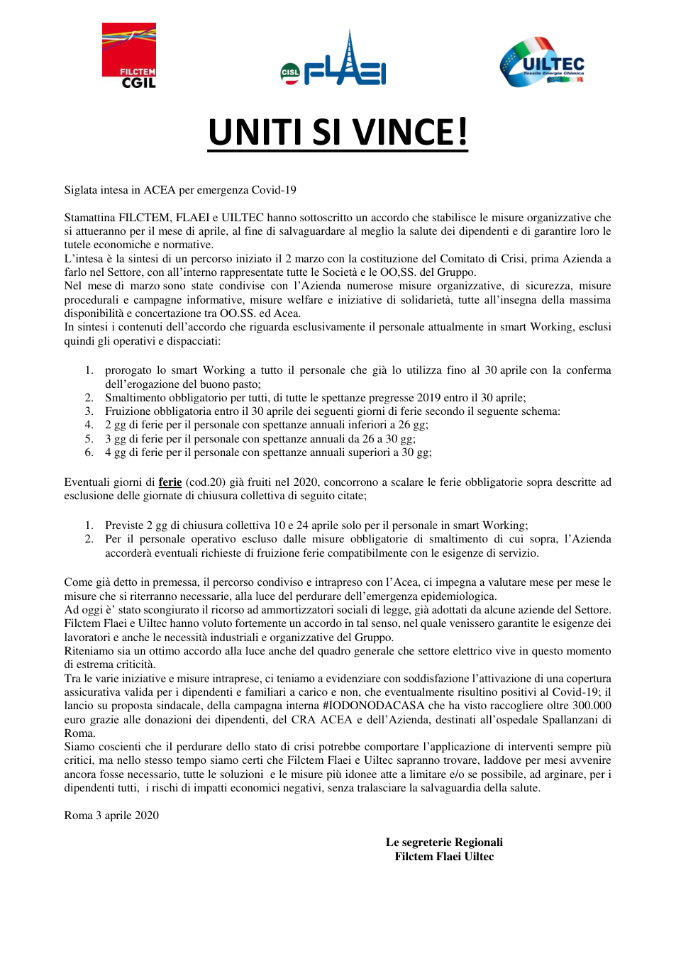 Anteprima COMUNICATO UNITARIO CORONAVIRUS