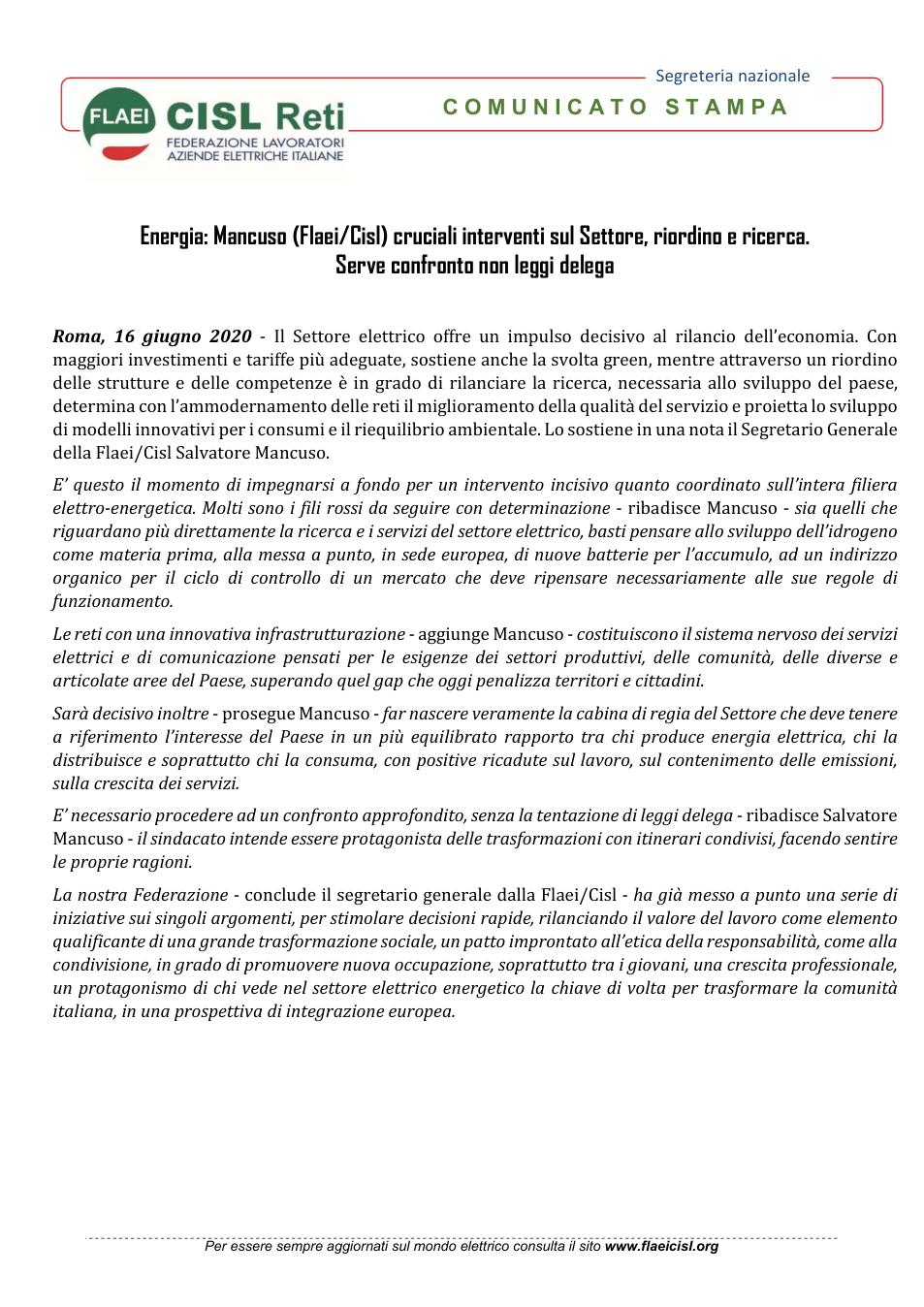 Anteprima 11069 Comunicat Stampa FLAEI Cruciali inteventi sul Settore