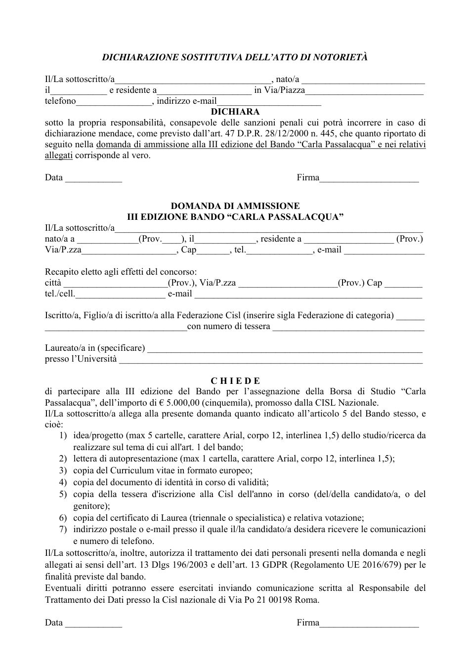 Anteprima MODELLO DOMANDA DI AMMISSIONE III BANDO PASSALACQUA