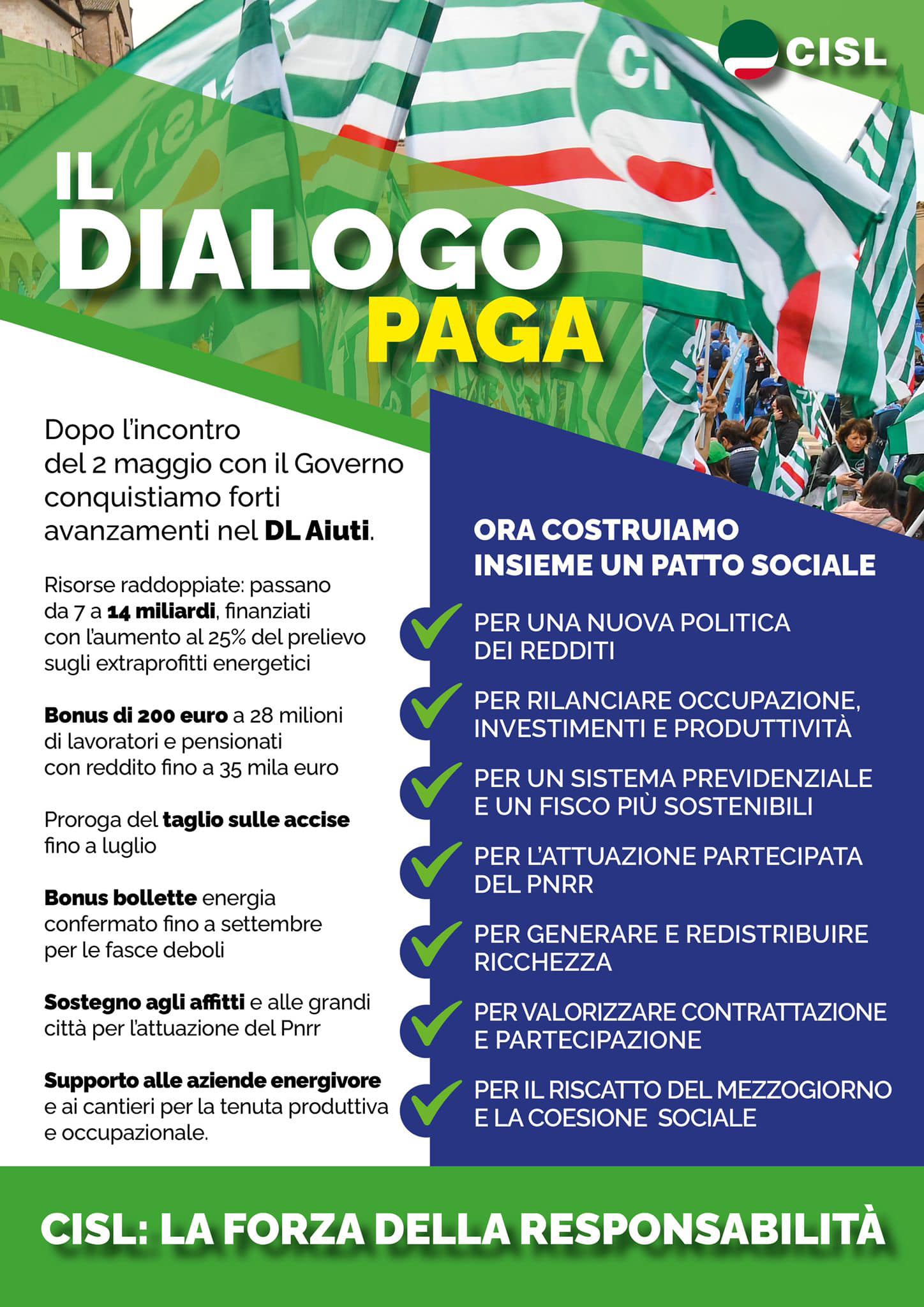 "Il Dialogo Paga, ora costruiamo insieme un patto sociale. CISL: la forza della responsabilità"